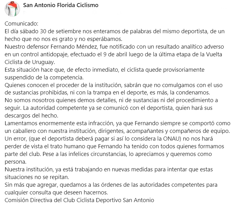 Fernando Méndez dio positivo en la Vuelta Ciclista del Uruguay