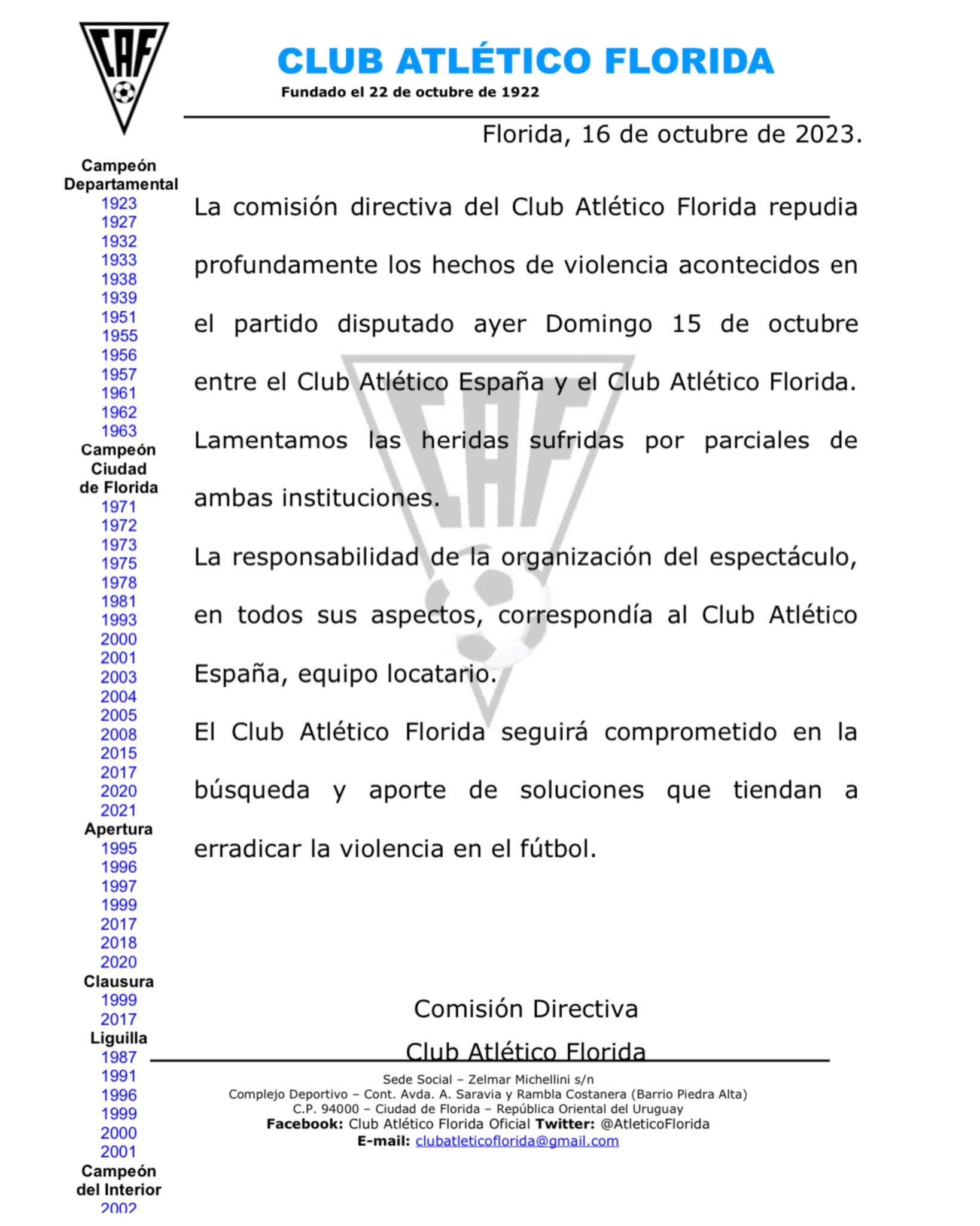 comunicado de ateltico florida